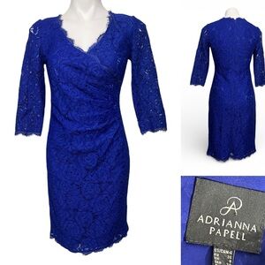 Adrianna Papell dress sz 4 Royal Blue Lace 3/4 sleeve cocktail wedding guest